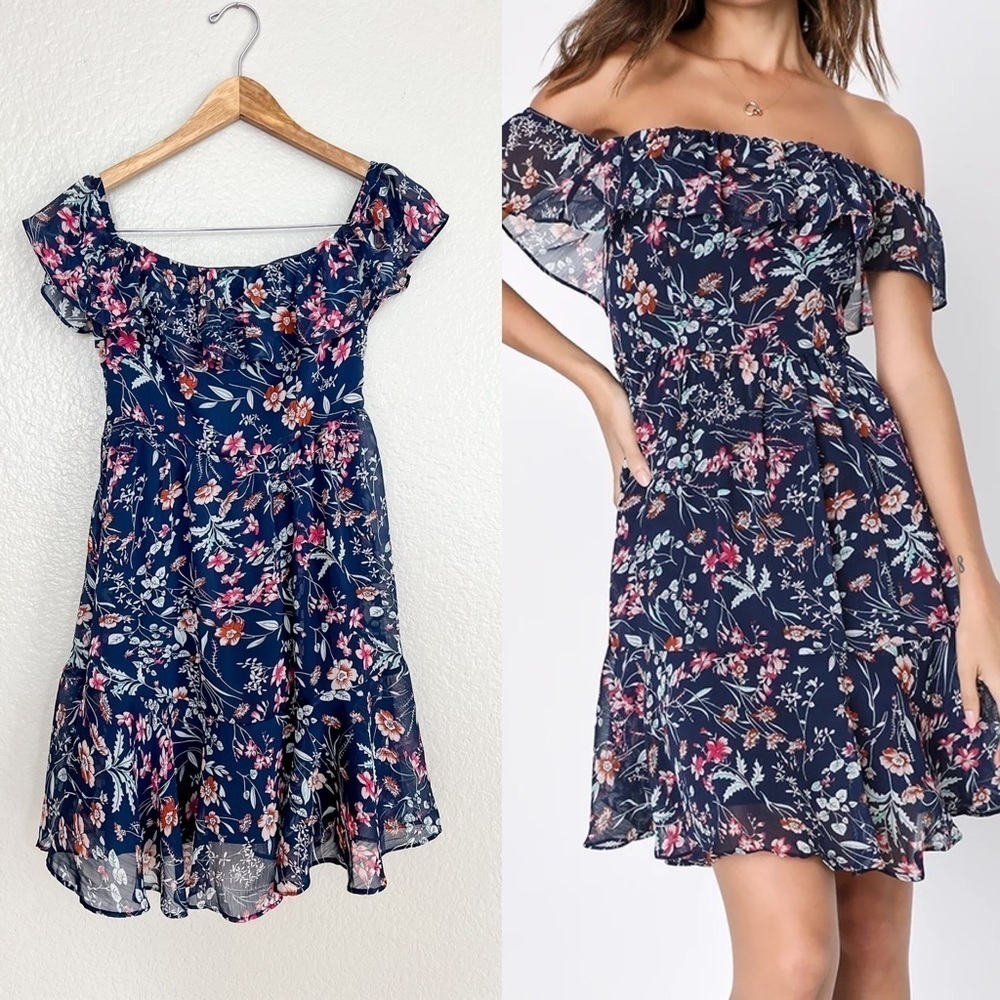 My Favorite Navy Blue Floral Print Off-the-Shoulder Dress XS